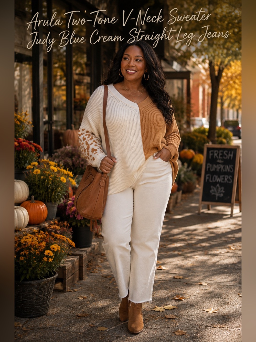 ARULA Two-Tone V-Neck Sweater in Cream and Camel with Leopard print